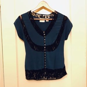 Adorable dark teal top with black lace trim